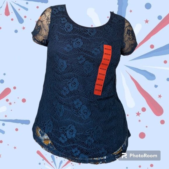 NWT Leo & Nicole Lace Overlay Blouse Medium Navy Blue Floral - Picture 1 of 10